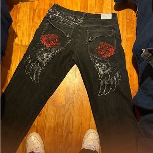 Raw blue embroidered jeans baggy skate